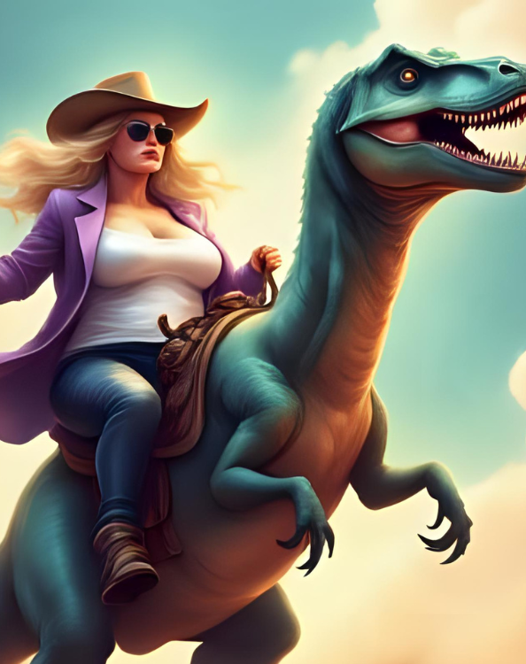 illustration of a woman riding a velociraptor